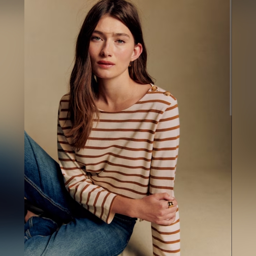 Sézane Marienere Top In Ecru/Red